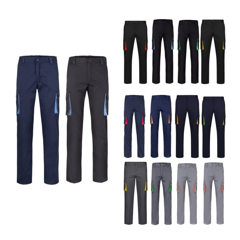 VL FIDES. Pantalon stretch bicolore, multipoches (240g/m²), en coton (46%), EME (38%) et polyester (16%)