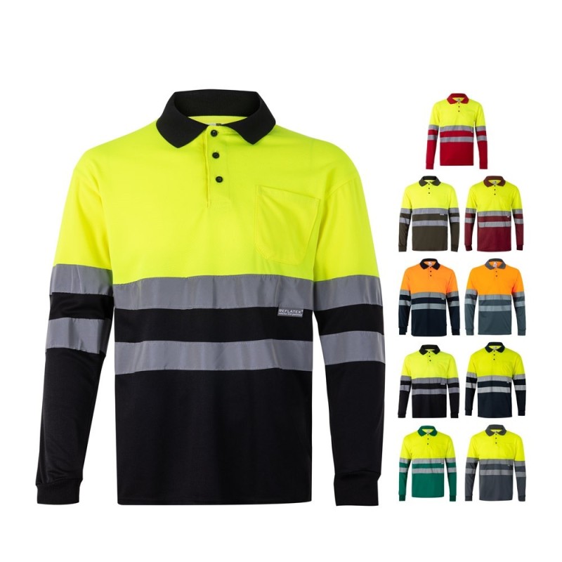 VL VULCAN LARGE. Polo bicolore (160g/m²) à manches longues, en polyester (100%)
