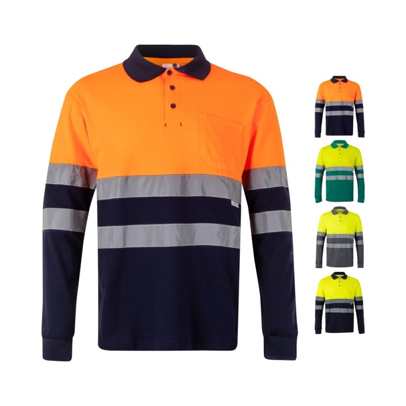 VL PLUTO. Polo piqué bicolore (150g/m²) à manches longues, en coton (55%) et polyester (45%)