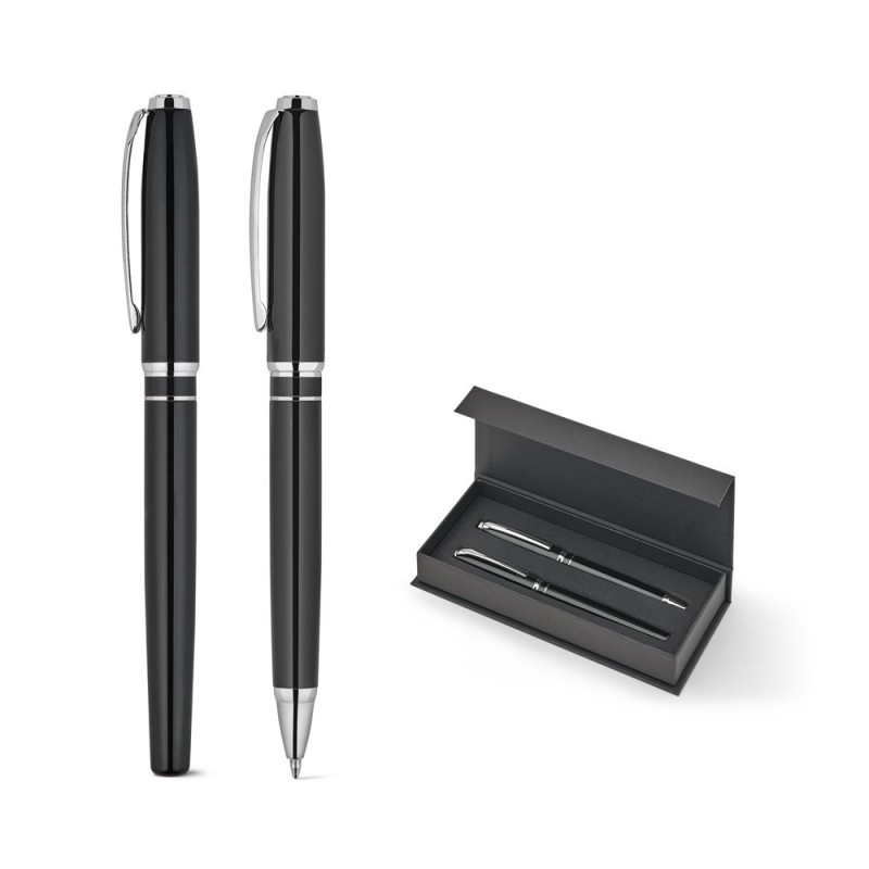 SARAMAGO. Coffret haut de gamme comprenant 1 stylo à bille et 1 stylo roller en cuivre et acier inoxydable, à encre bleue
