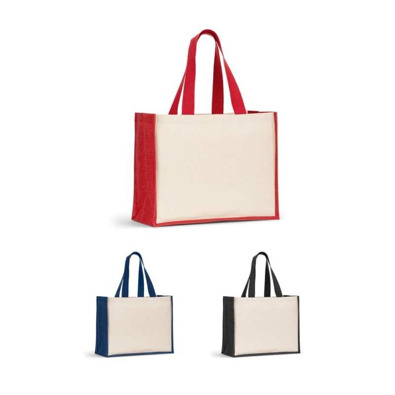 HELSINQUE COLOUR. Sac en toile (320 g/m²), avec fond et côtés en jute laminé (350 g/m²) de couleur