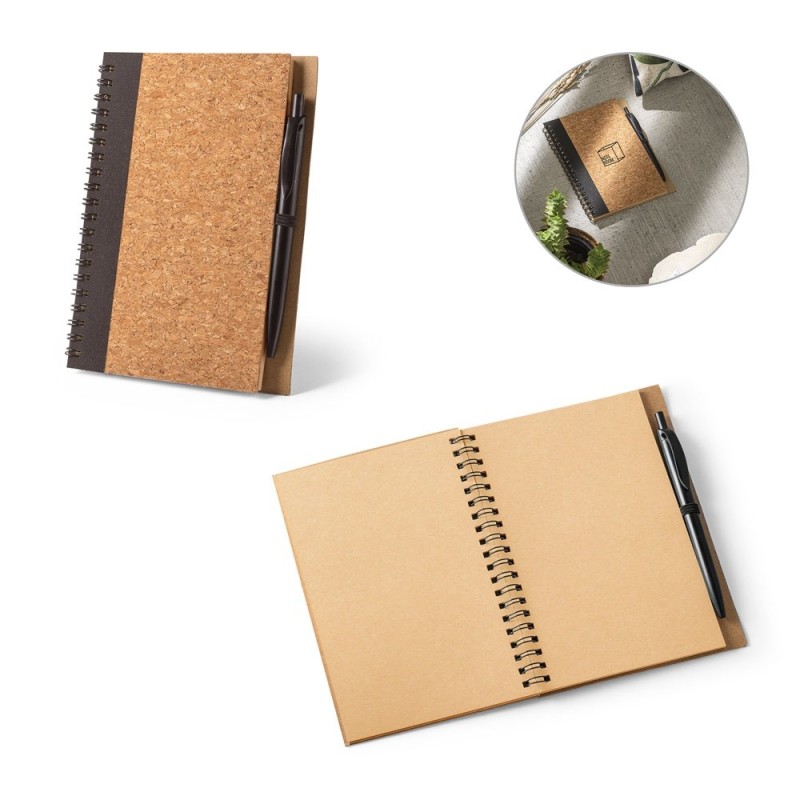 VICENTE. Carnet B6 en liège et polyester recyclé (100% rPET) avec stylo bille