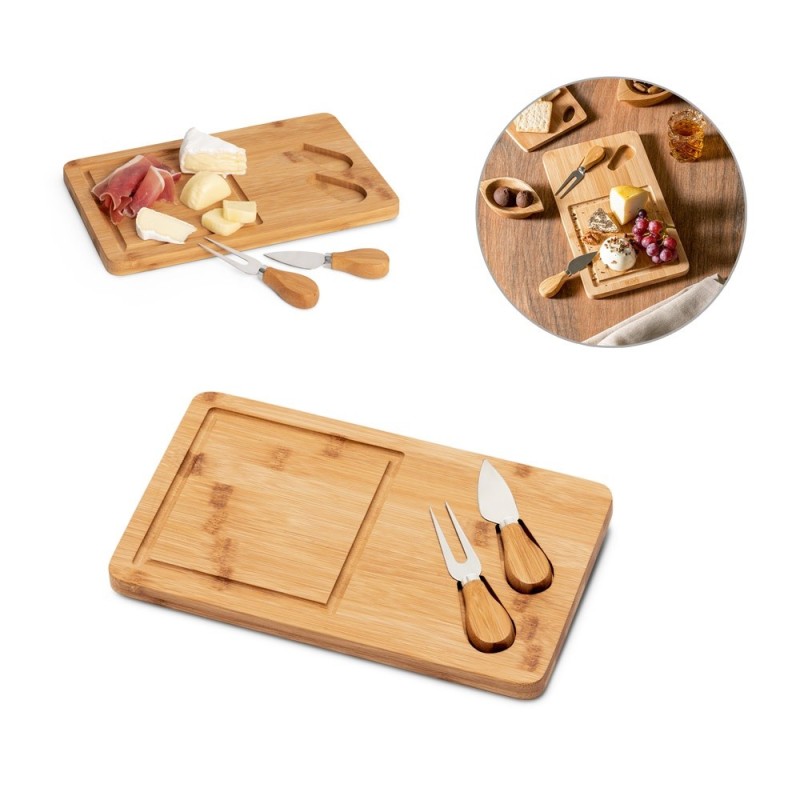 WOODS. Plateau à fromage avec 2 ustensiles en bambou e acier inoxydable