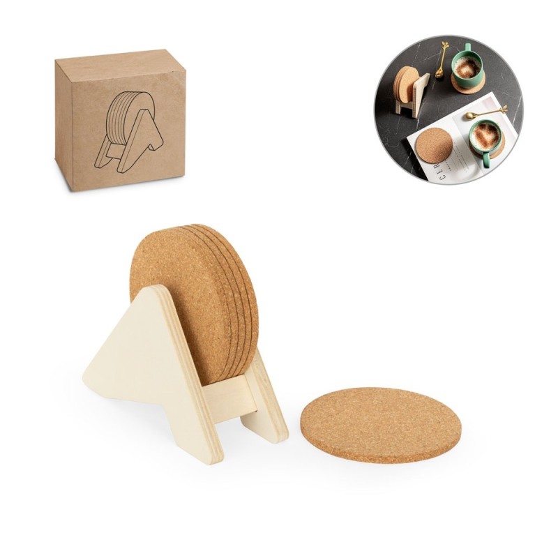 PLYCORK. Support en contreplaqué avec 6 sous-verres en liège