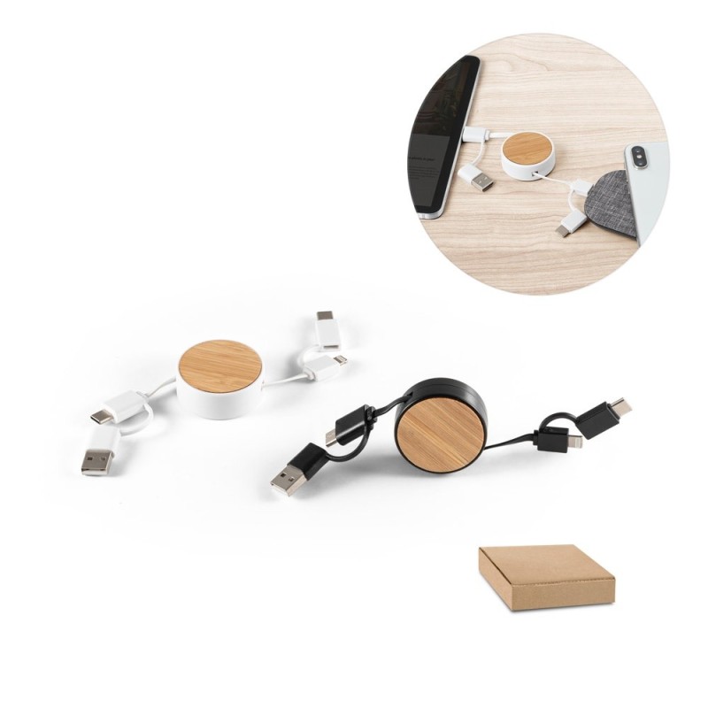 RUBINS. Câble USB rétractable 6 en 1 en ABS recyclé (100 % rABS) et bambou